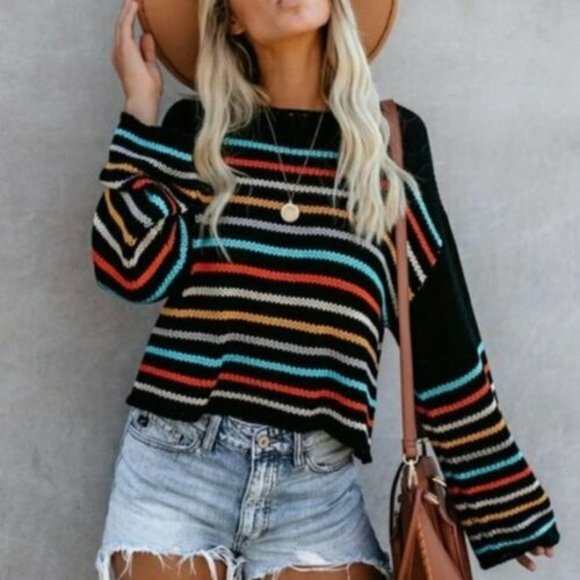 Boho Black Stripe Scoop Neck Yarn Knit Sweater - Picture 2 of 3